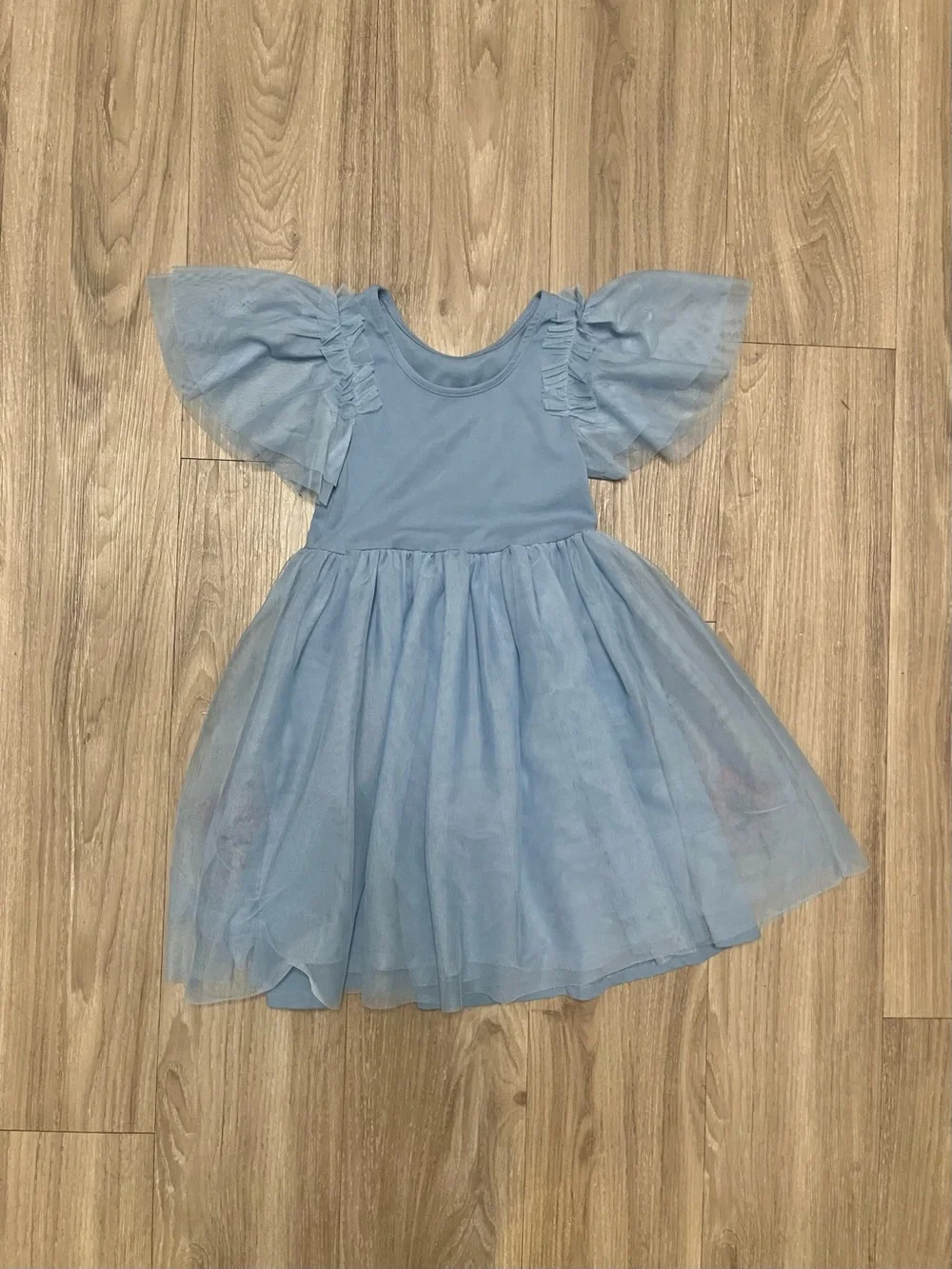 Mini Boden Light Blue Tulle Dress with Red Floral Embroidery